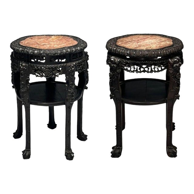 Chinese Heavily Carved, Occasional Tables or Pedestals, Teak, Marble, 1920s For Sale