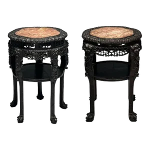 Chinese Heavily Carved, Occasional Tables or Pedestals, Teak, Marble, 1920s
