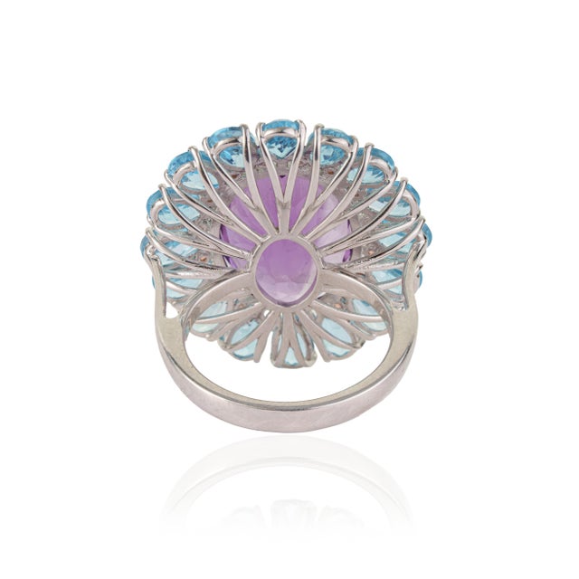 Celestial Amethyst Blue Topaz & Orange Sapphire Sterling Silver Cocktail Ring Size 7.5 For Sale - Image 6 of 12