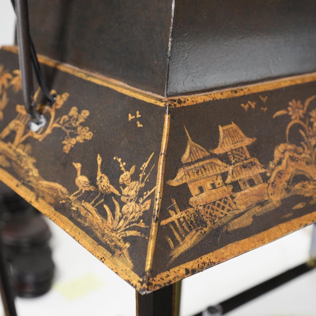 Black Vintage Hand-Painted Tole Pagoda Style Chinoiserie Lantern Oblong Pendant For Sale - Image 8 of 12