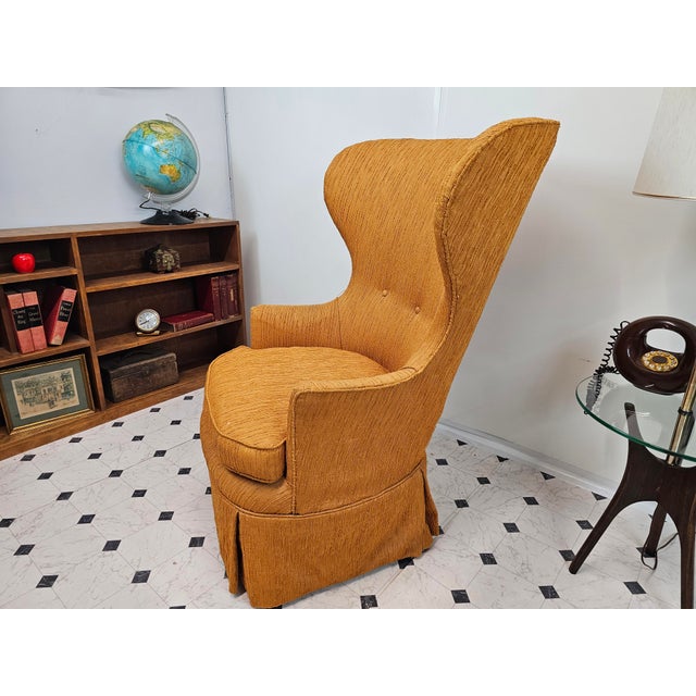 Mid Century Modern Wingback Orange Chenille Chair For Sale - Image 4 of 9