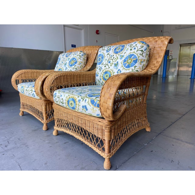 Brown Vintage Henry Link for Lexington Woven Rattan and Wicker Lounge Armchairs With Floral Upholstery | Pair For Sale - Image 8 of 14