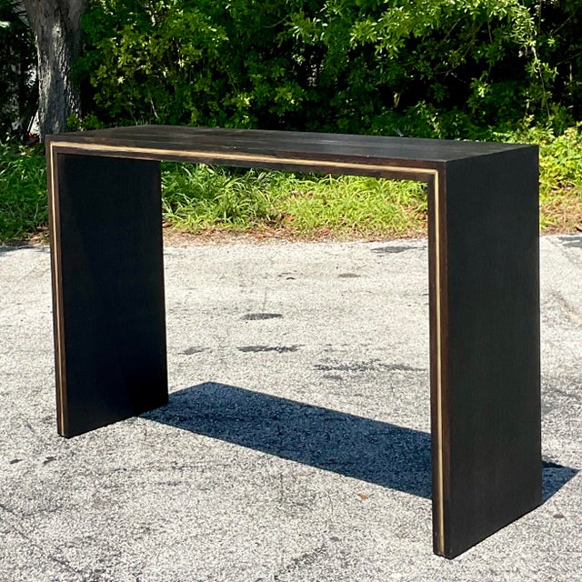 Mid 20th Century Vintage Contemporary Custom Brass Inlay Console Table For Sale - Image 4 of 5