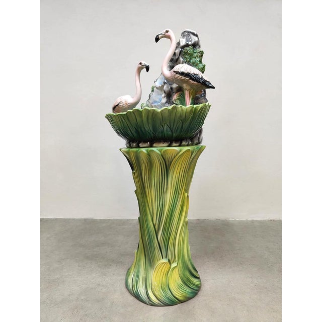 Vintage Art Nouveau Italian Ceramic Flamingo Fountain Stand in Majolica, 1960s For Sale - Image 3 of 5