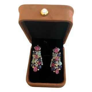 Bochic “Orient” Emerald, Ruby & Multi Sapphire Earrings Set 18K Gold&Silver, 2 pieces For Sale
