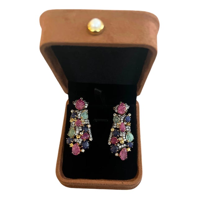 Bochic “Orient” Emerald, Ruby & Multi Sapphire Earrings Set 18K Gold&Silver, 2 pieces For Sale