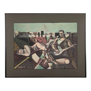 Jack Gerber (1927-2021) - Modernist Figurative Study With Cityscape, Signed (1958, Oil on Board) For Sale