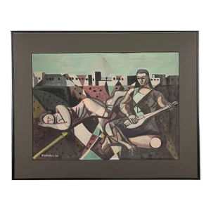 Jack Gerber (1927-2021) - Modernist Figurative Study With Cityscape, Signed (1958, Oil on Board)