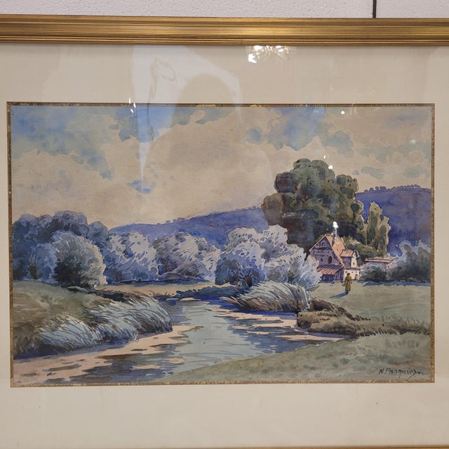 French Artist, Landscape in Blue, 1980s, Watercolor For Sale - Image 4 of 16