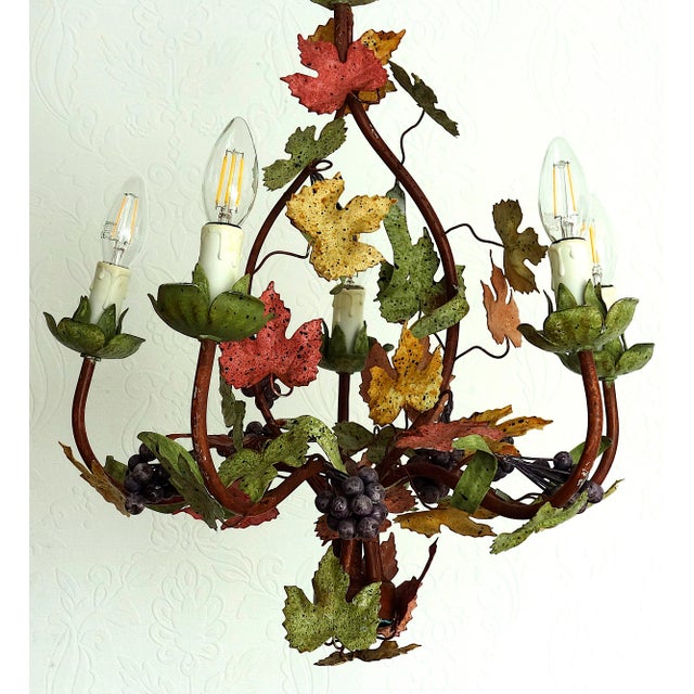 Italian Metal Grapes and Leaves Five-Light Chandelier, 1950s, in Very Good conditions. Designed 1950 to 1959 I have...