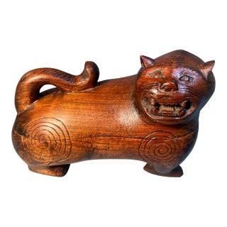 Sculpted Cat Box Thailand Folk Art Solid Teak Storage Wish Box For Sale