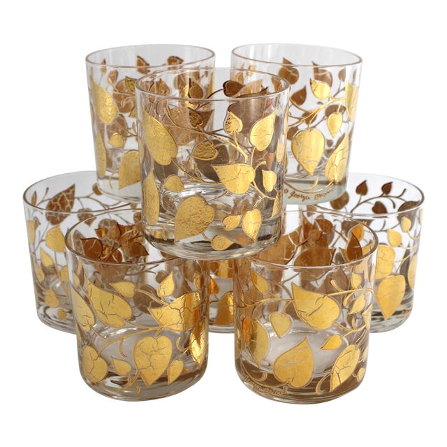 1960s Georges Briard Double Old Fashioned Glasses, 22k Gold Leaf Design - Set of 8 For Sale