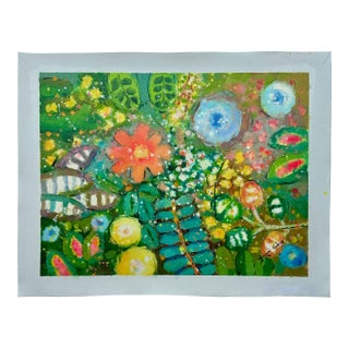 Vibrant Abstract Floral Painting on Canvas, Unstretched, by Youn Cho For Sale