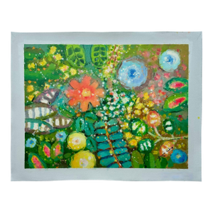 Vibrant Abstract Floral Painting on Canvas, Unstretched, by Youn Cho