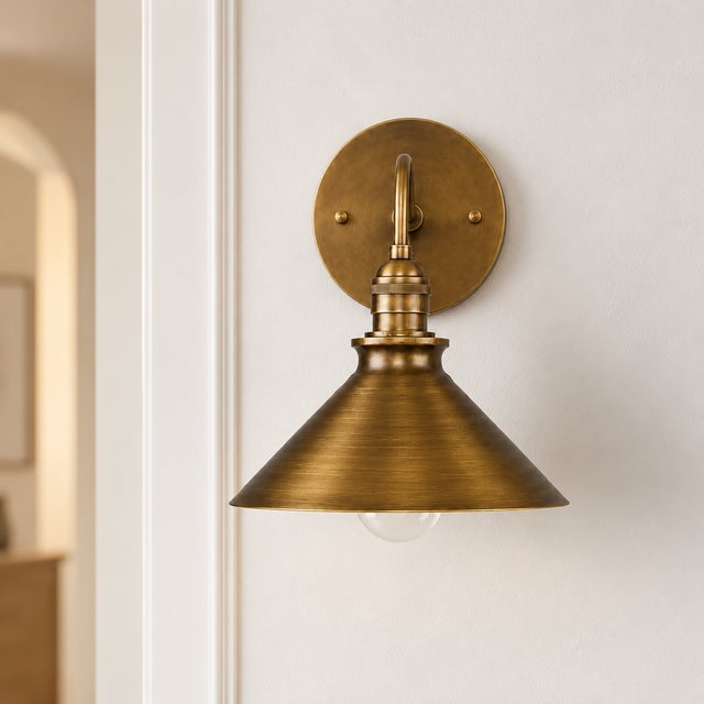 Not Yet Made - Made To Order Antique Brass Cone Wall Sconces With Wide Metal Shades and Curved Arms - Pair For Sale - Image 5 of 12