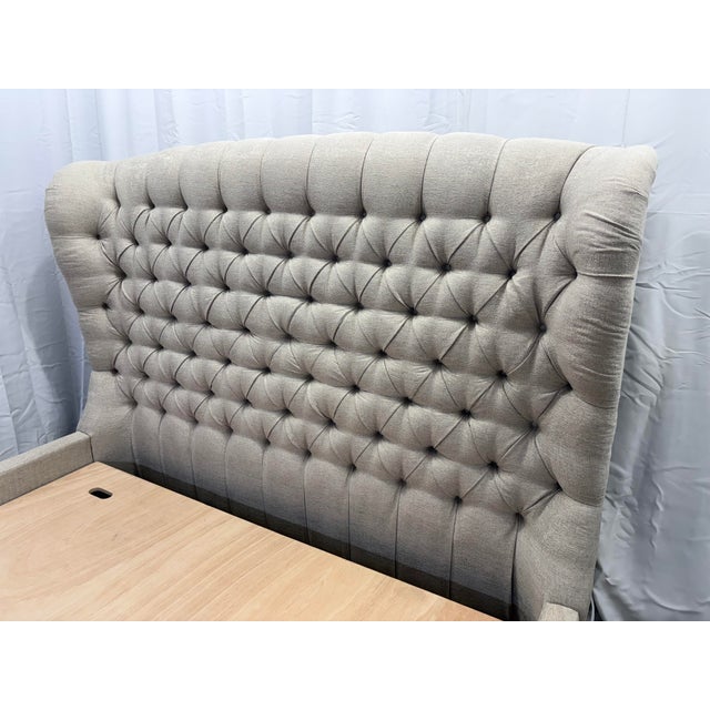 Textile Attributed to Arhaus Tufted Wingback Upholstered Bed — King Custom Greige Upholstery | Deep Button Tufting | Fully Upholstered Frame For Sale - Image 7 of 17
