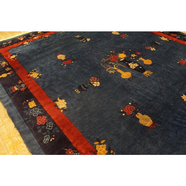 1920s 1920s Blue Vase Floral Antique Chinese Peking Rug 9' 1'' X11' 6'' Handknotted Wool Carpet For Sale - Image 5 of 9