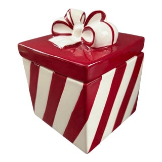 Vintage Savino Designs Red & White Gift Box Cookie Jar, Earthenware For Sale