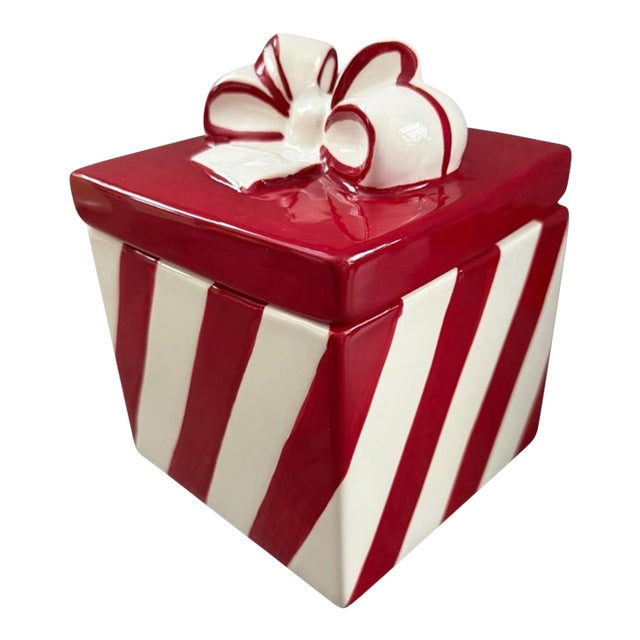 Vintage Savino Designs Red & White Gift Box Cookie Jar, Earthenware For Sale