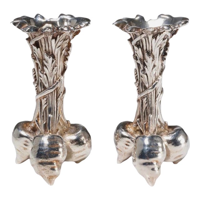 Pair Vintage Christofle Silver-Plate Radish Bud Vases | French Art Nouveau Style For Sale