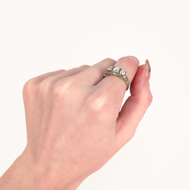 Mid-Century Modern 18k White Gold & Three Stone Old European Cut 0.82± Ct Diamond Ring For Sale - Image 3 of 15