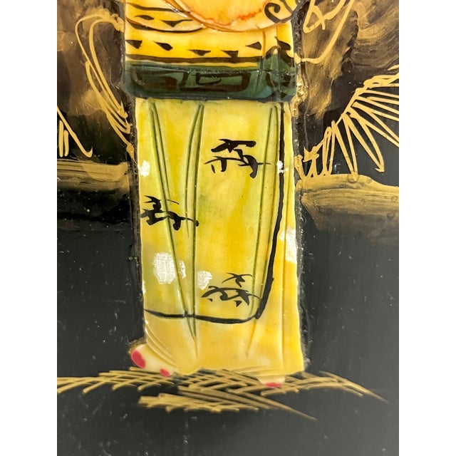 Vintage Chinoiserie Black Lacquer and Soap Stone Maiden Umbrella Stand For Sale - Image 13 of 18