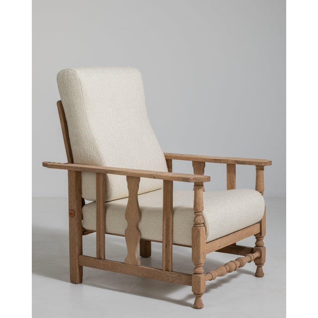 White French Oak Reclining Armchair with Bouclé Upholstery, Antique, France, Circa 1940 For Sale - Image 8 of 16
