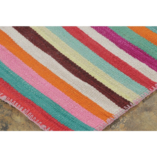 1950s Vintage Peruvian Square Kilim, Vibrant Polychromatic Stripes - Rug & Kilim For Sale - Image 5 of 7