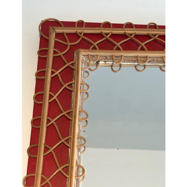 1940s Rattan mirror on a red background. French work. Circa 1940 For Sale - Image 5 of 12