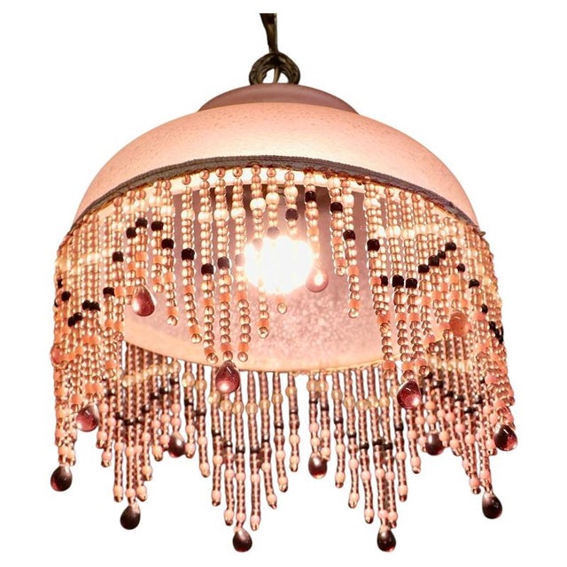 Beige French Art Deco Glass Pendant Light with Beaded Shade, 1930s For Sale - Image 8 of 8