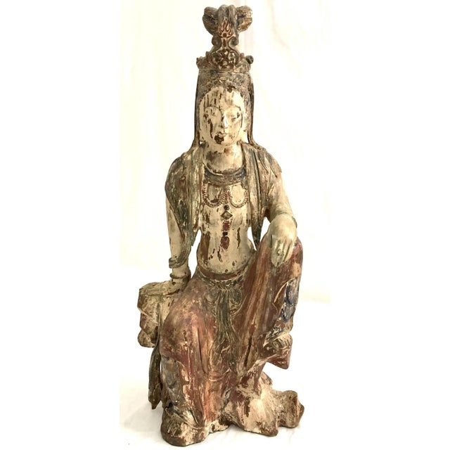 An Old Chinese, Nicely Carved Wood Guanyin Figure with Old Painted Finish 15"x 10"x 33.25"h Great condition with age...