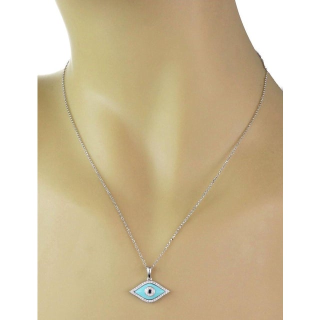 Contemporary Mid 20th Century Diamond Turquoise Sapphire 18k White Gold Evil Eye Pendant Necklace For Sale - Image 3 of 8