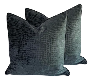 Early 21st Century Charcoal Grey Alligator Scale Velvet Pillows- a Pair