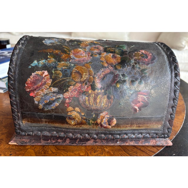 19th Century Victorian Hand - Painted Leather Letter Box, Floral Decor, C 1860-1880 For Sale - Image 5 of 12