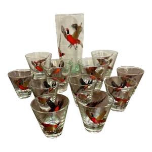 Mid Century Modern Wilderness Glass Cocktail Pitcher and Glasses Set of 12 Pieces