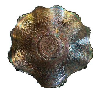 Fenton Persian Medallion Carnival Glass Emerald Ruffled Bowl Circa 1911-1924 For Sale