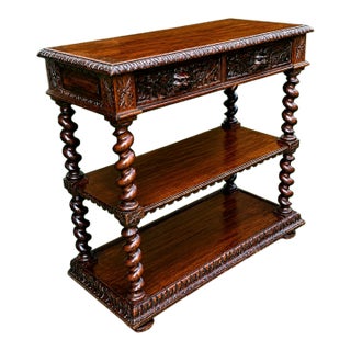 Antique English Jacobean Revival Oak Server With Carved Grotesque Masks and Barley Twist Supports, Circa 1830 For Sale