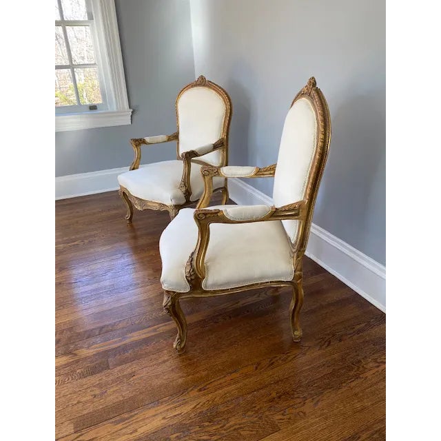 French Vintage French Gilt Fauteuil Armchairs - A Pair For Sale - Image 3 of 9