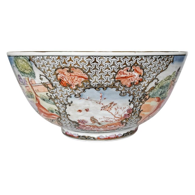 Late 20th Century Chinoiserie Porcelain Fox Hunt Punch Bowl With Carved Wood Stand For Sale - Image 4 of 8