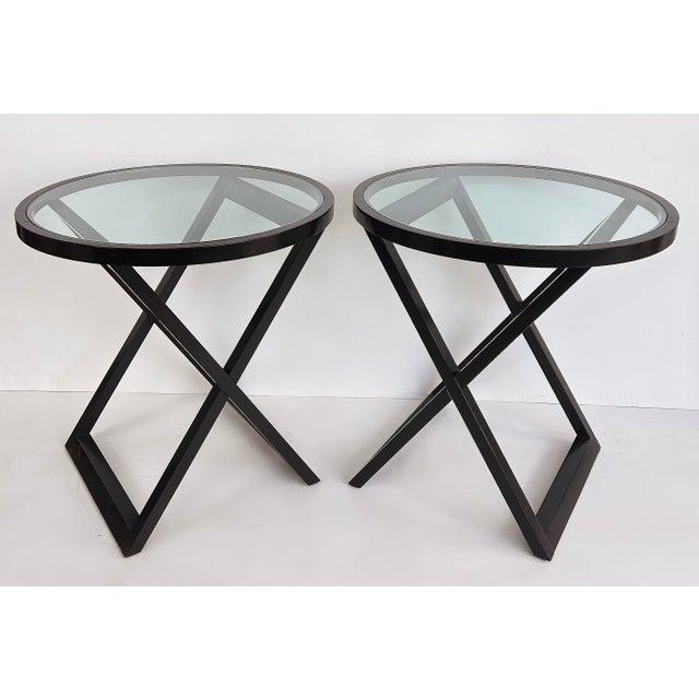 Wood 1970s Attributed to Ralph Lauren Mercer Street Round Side Tables, Glass Tops, "X" Frame Bases For Sale - Image 7 of 13