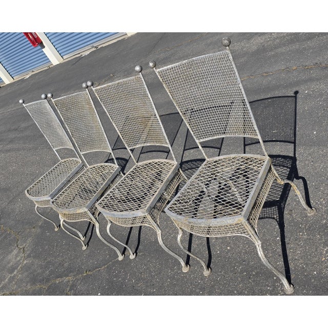 Vintage Rare 1960's Russell Woodard Attributed Mesh Wrought Iron Patio Glass Table and 4 Chairs For Sale - Image 10 of 18