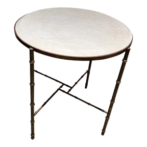 1960s Style Maison Baguès French Round Side Table Faux Bamboo Travertine