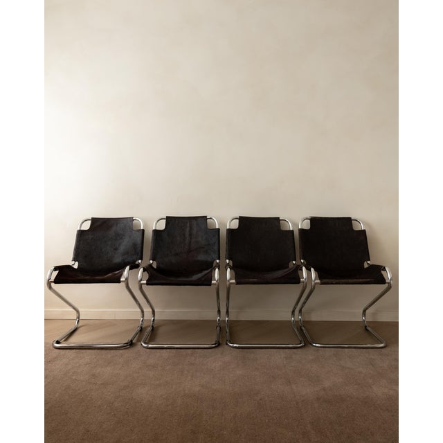 Italian Chrome and Cowhide Cantilever Dining Chairs, 1970s, Set of 4 For Sale - Image 4 of 18