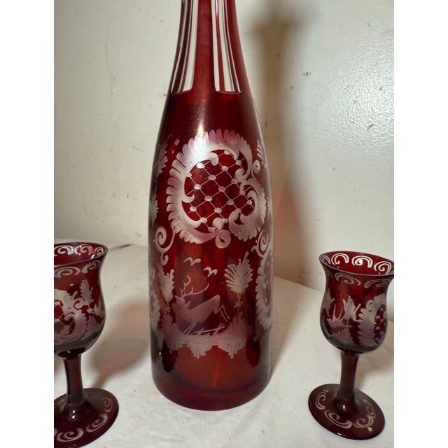 Boho Chic Antique Cut to Clear Crystal Moser Czech Bohemian Etched Red Glass Decanter - Set of 8 For Sale - Image 3 of 12