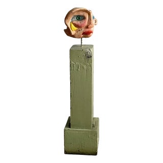 Italian Artist, Modern Head Sculpture, 1980s, Wood and Terracotta For Sale