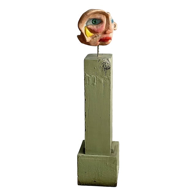 Italian Artist, Modern Head Sculpture, 1980s, Wood and Terracotta For Sale