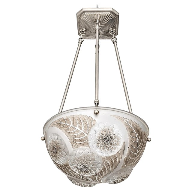 René Lalique French Art Deco Pendant Chandelier by René Lalique Model Dahlias (pair avaiable) For Sale - Image 4 of 10