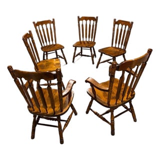 Set of 6 Vintage Windsor Style Farmhouse Wood Dining Chairs For Sale