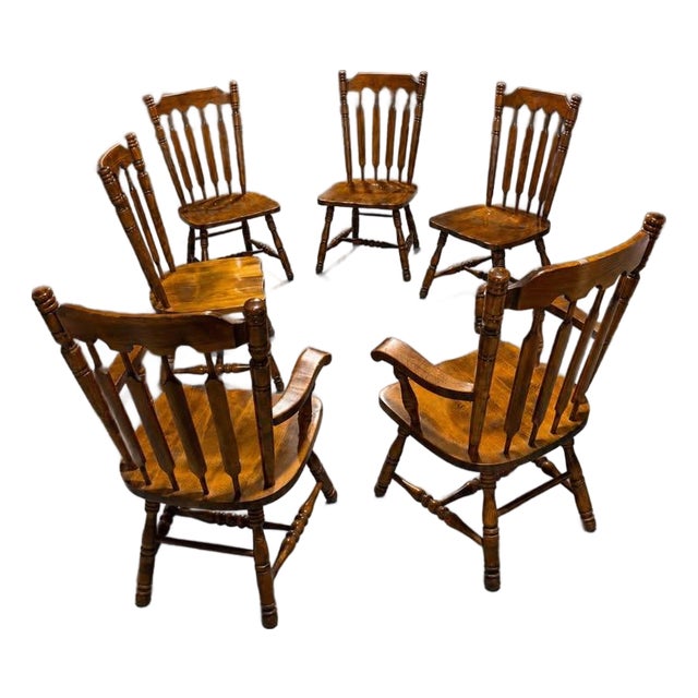 Set of 6 Vintage Windsor Style Farmhouse Wood Dining Chairs For Sale