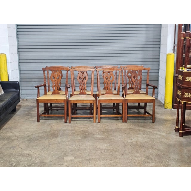 Set of 8 Stickley Chippendale Solid Cherry Dining Chairs Leather Seats Made Usa For Sale In Cleveland - Image 6 of 15
